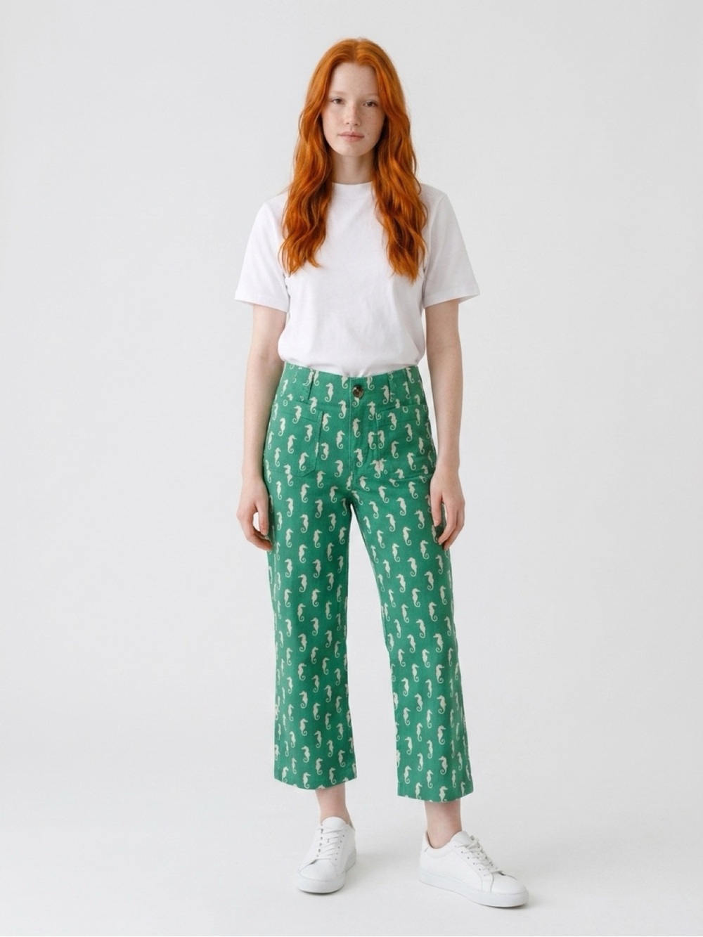 Anthropologie Green Seahorse-Print Cropped Pants
